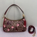 COACH CY694 Teri Shoulder Bag Signature Canvas Cherry Print Tan Brown