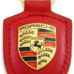 NEW GENUINE PORSCHE LEATHER CREST KEY RING FOB CHAIN BORDEAUX RED